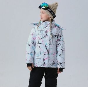 SMN White Abstract Print Sz S Hooded Snowboarding Coat